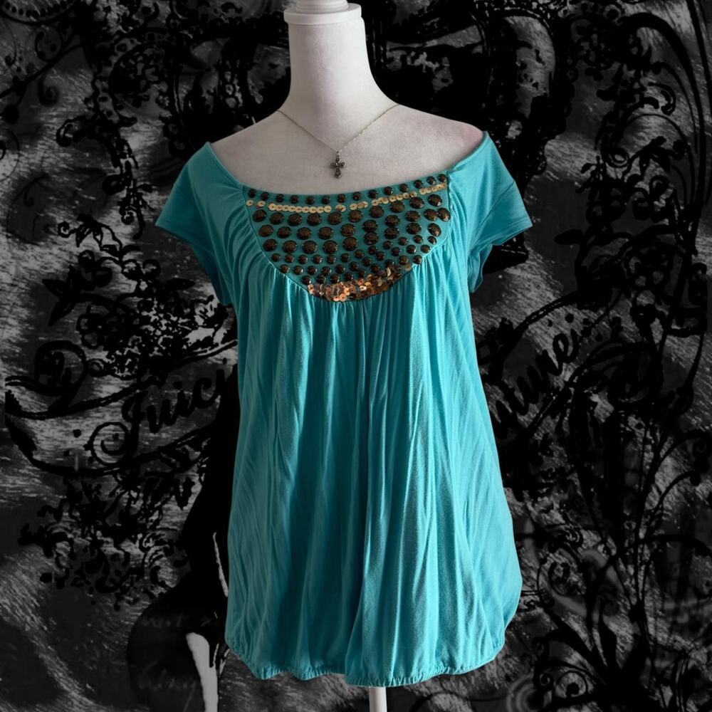 dreamy aqua baby blue y2k retro glam babydoll short sleeve top